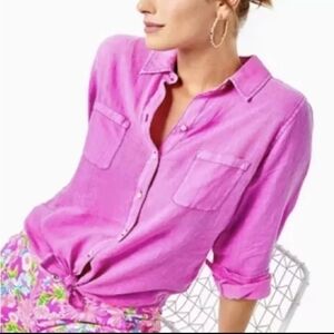 Lilly Pulitzer Sea View Linen Button Down Top Amethyst Shirt Pink Size XXS